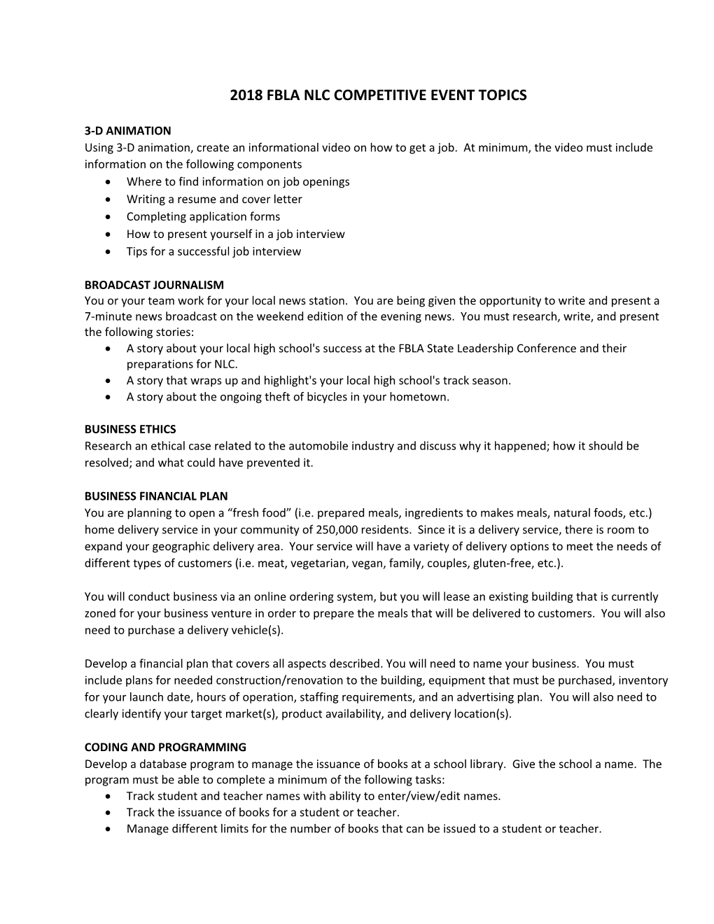 2018 Fbla Nlc Competitive Event Topics