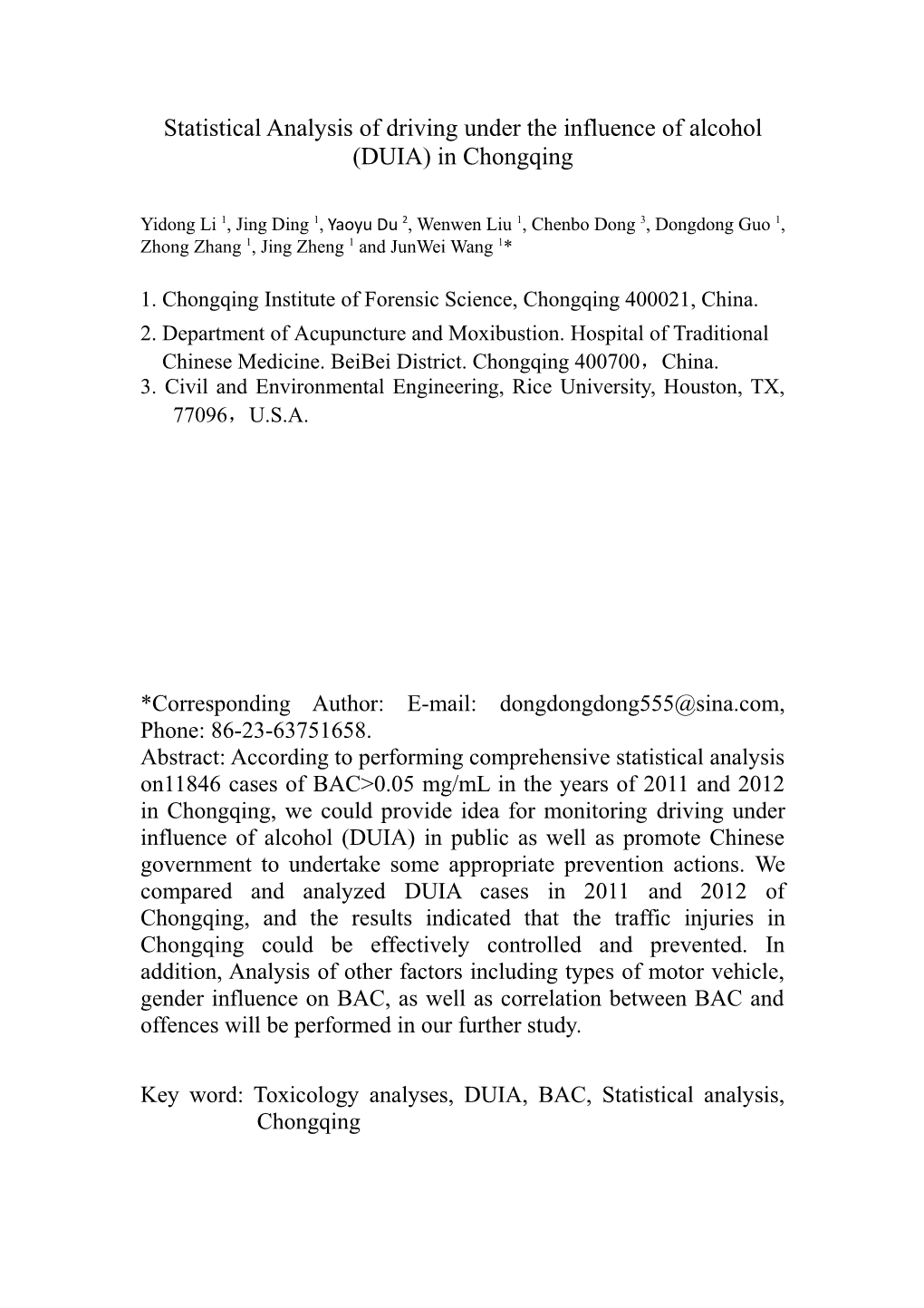 Statistical Analysis of Driving Under the Influence of Alcohol (DUIA) in Chongqing