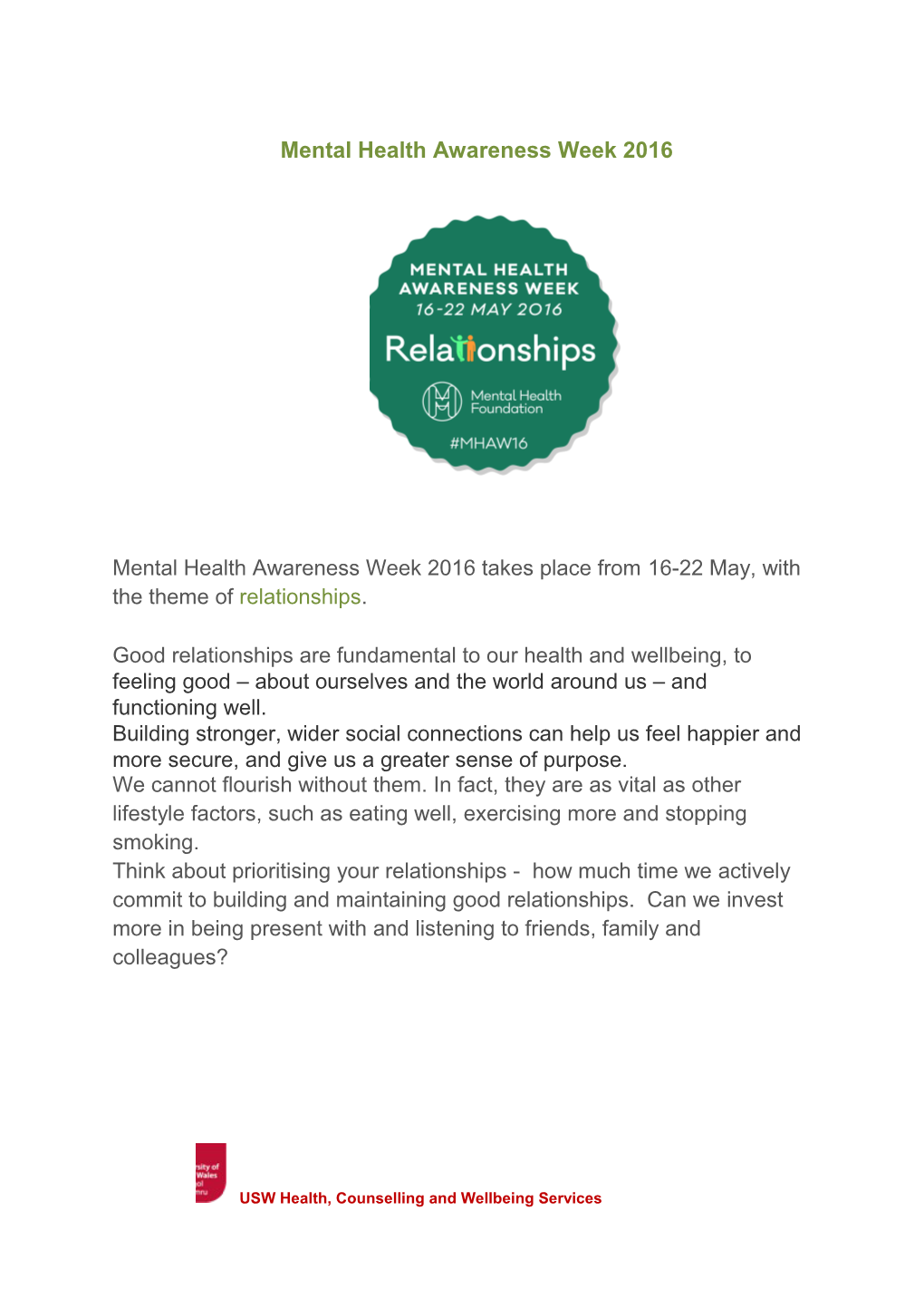 Mental Health Awareness Week 2016