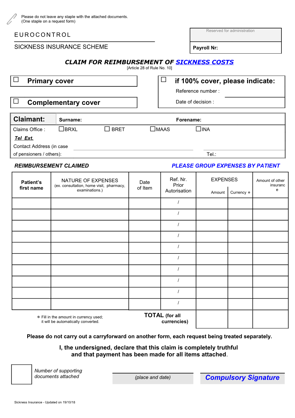 Claim for Reimbursement of Sickness Costs