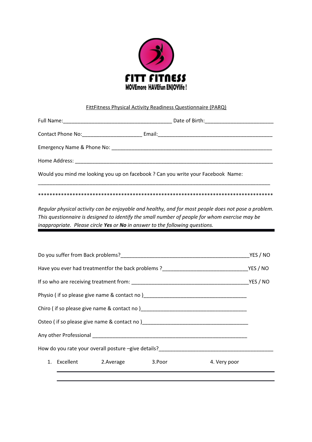 Fittfitness Physical Activity Readiness Questionnaire (PARQ)