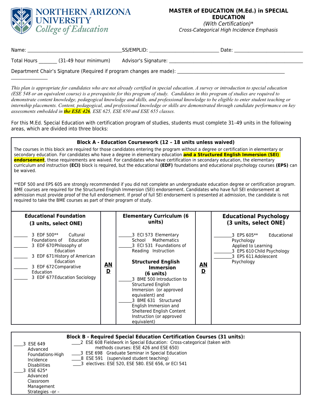 Total Hours ______(31-49 Hour Minimum) Advisor's Signature