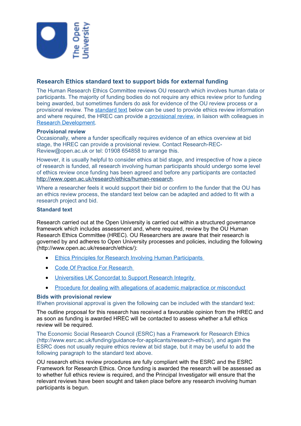 Research Ethics Standart Text to Support Bids for External Funding