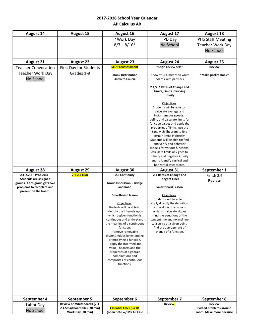 2017-2018 School Year Calendar AP Calculus AB