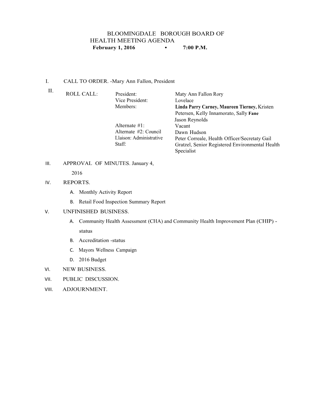 Bloomingdale Boroughboardofhealthmeetingagenda