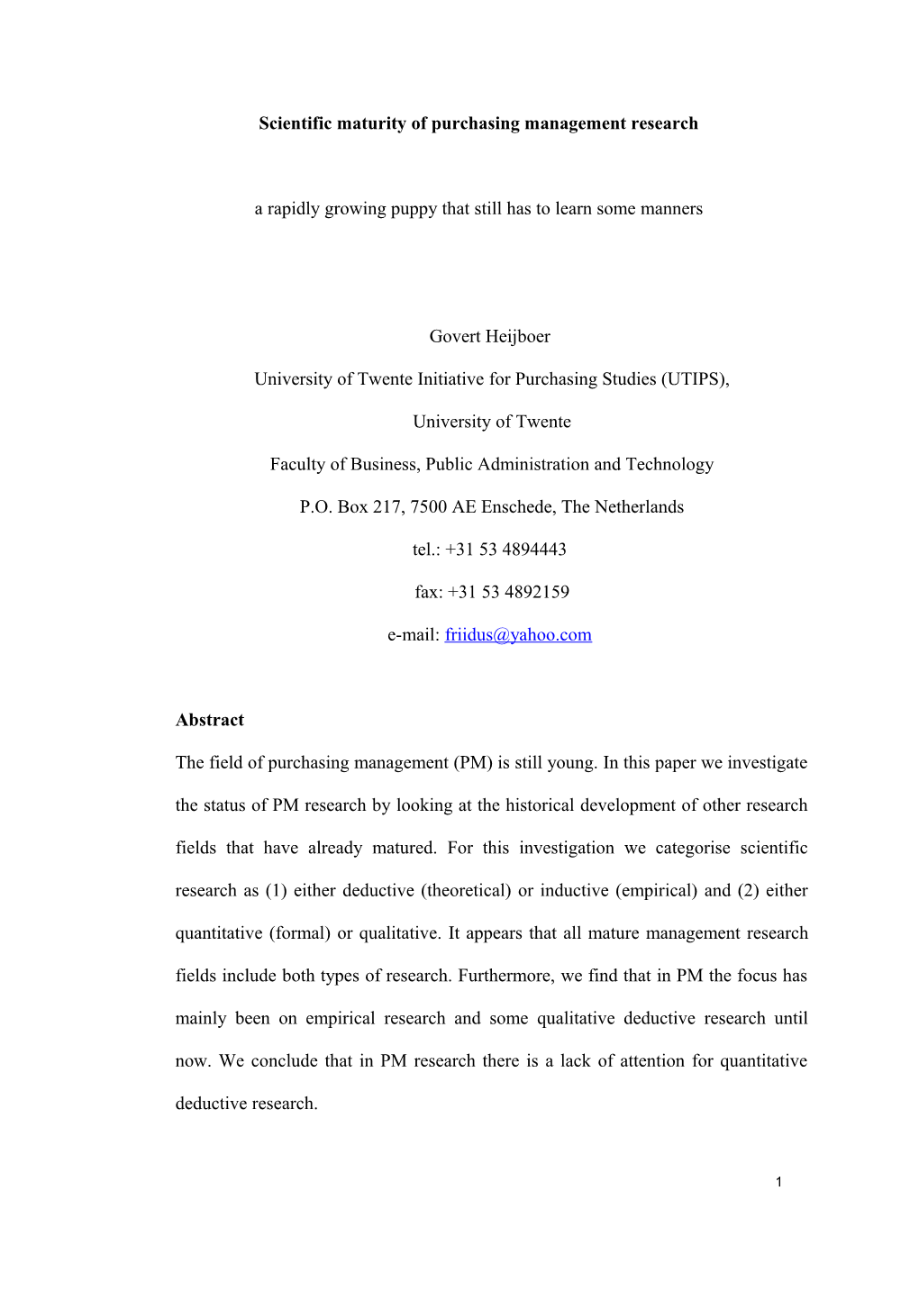 Scientific Maturity of Purchasingmanagement Research