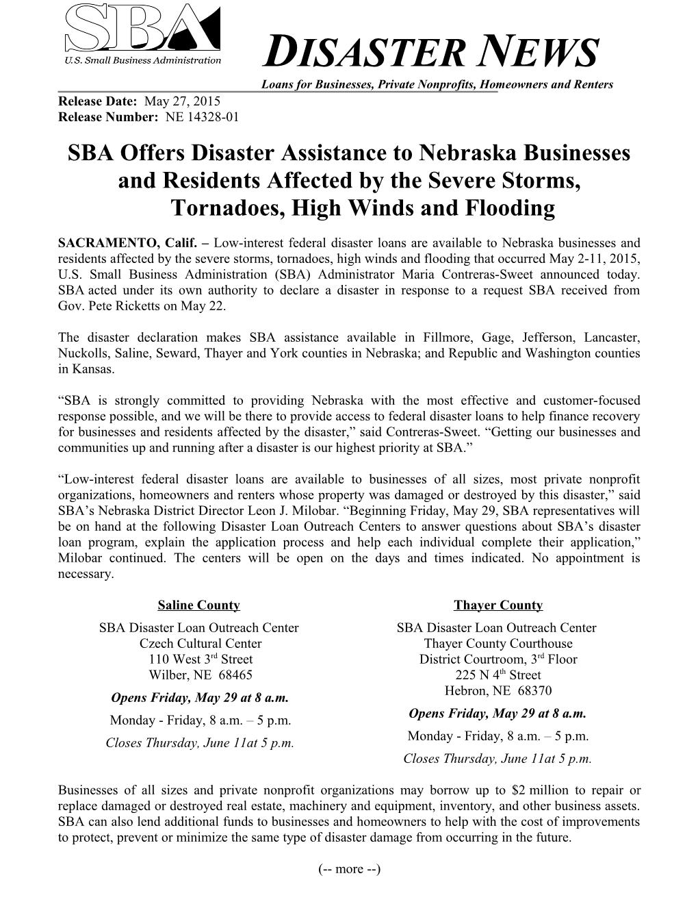 SBA Offers Disaster Assistance to Nebraskabusinesses