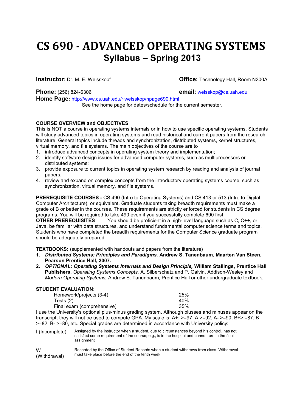 Cs 690 (Operating Systems) Syllabus