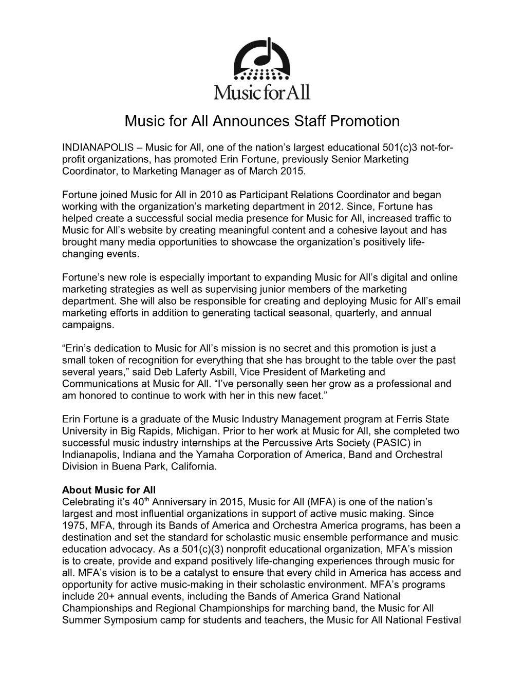 Music for All Announces Staff Promotion
