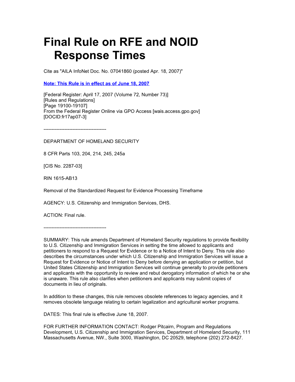 Final Rule on RFE and NOID Response Times