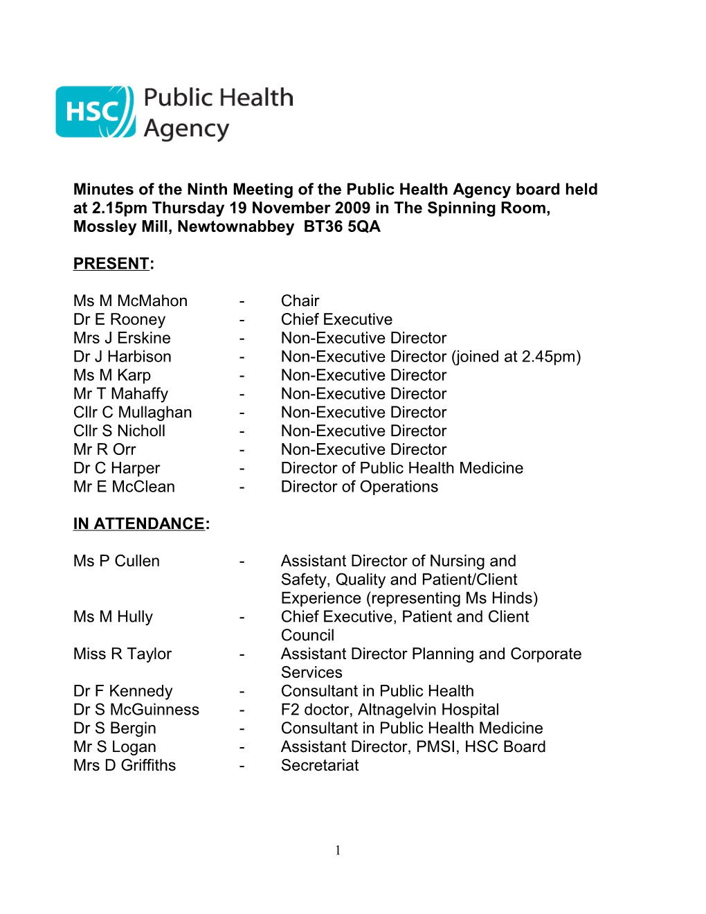 Minutes of the Ninth Meeting of the Public Health Agency Board Held at 2.15Pm Thursday