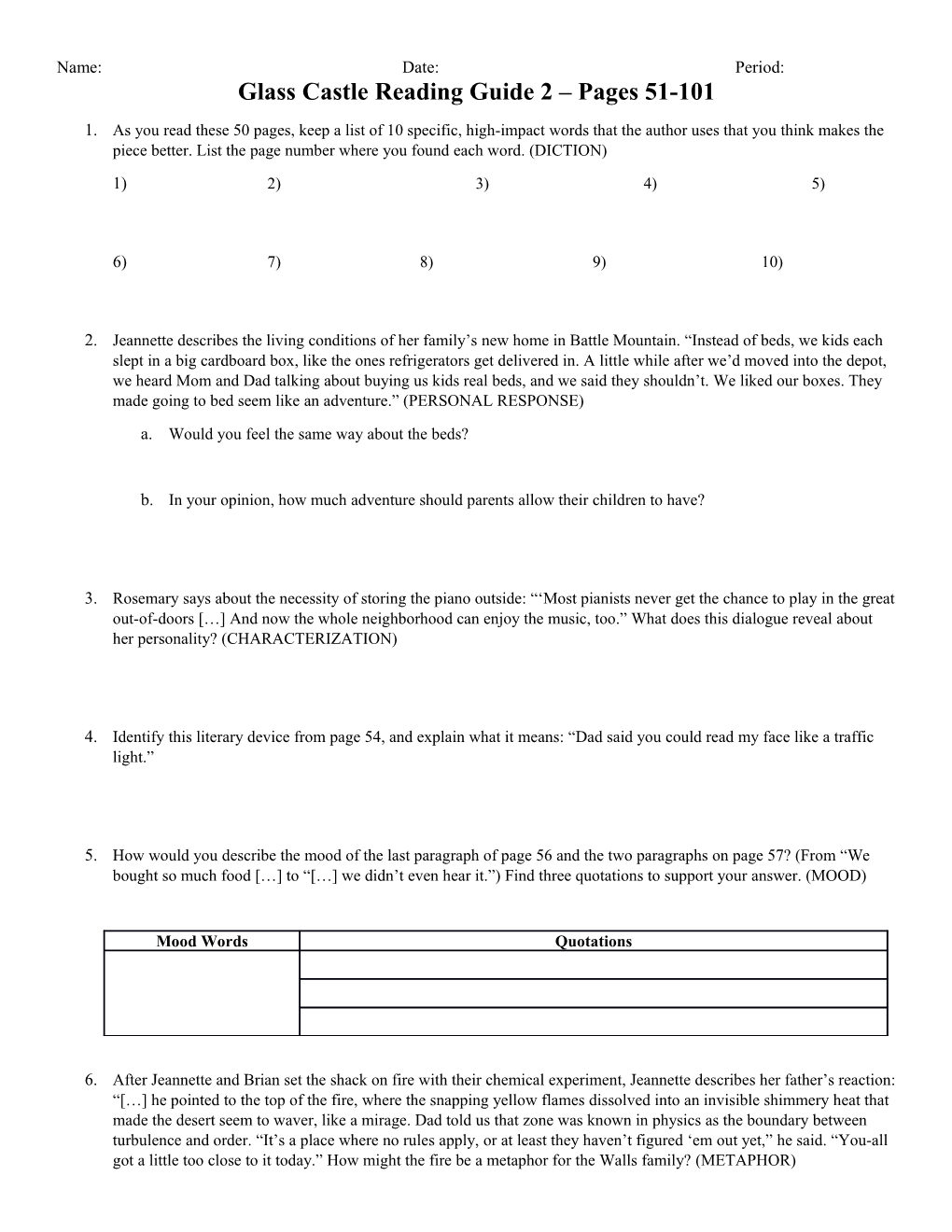 Glass Castle Reading Guide 2 Pages 51-101