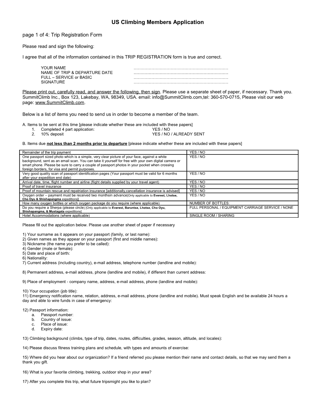 Registration Forms for the USA