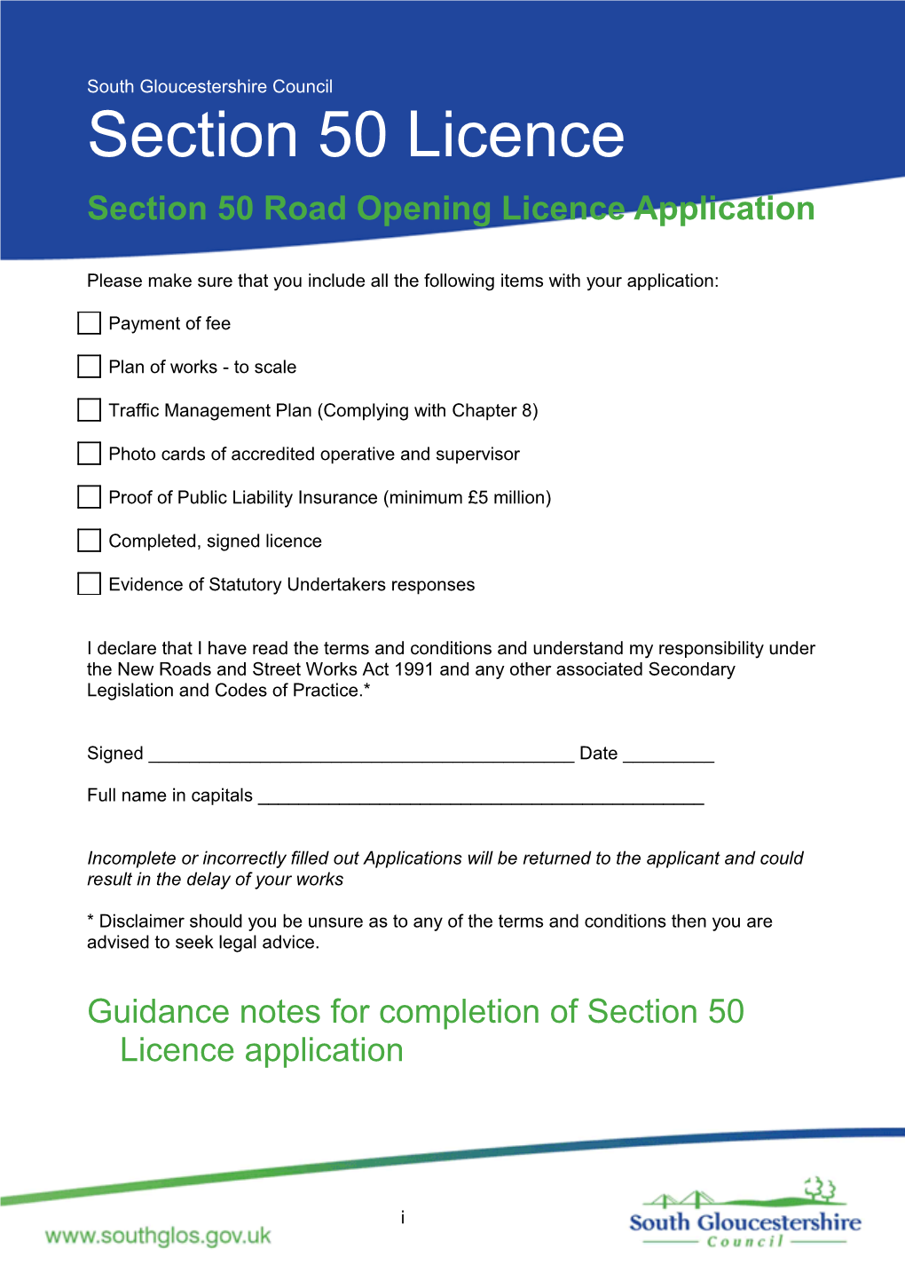 Section 50 Road Opening Licence Application