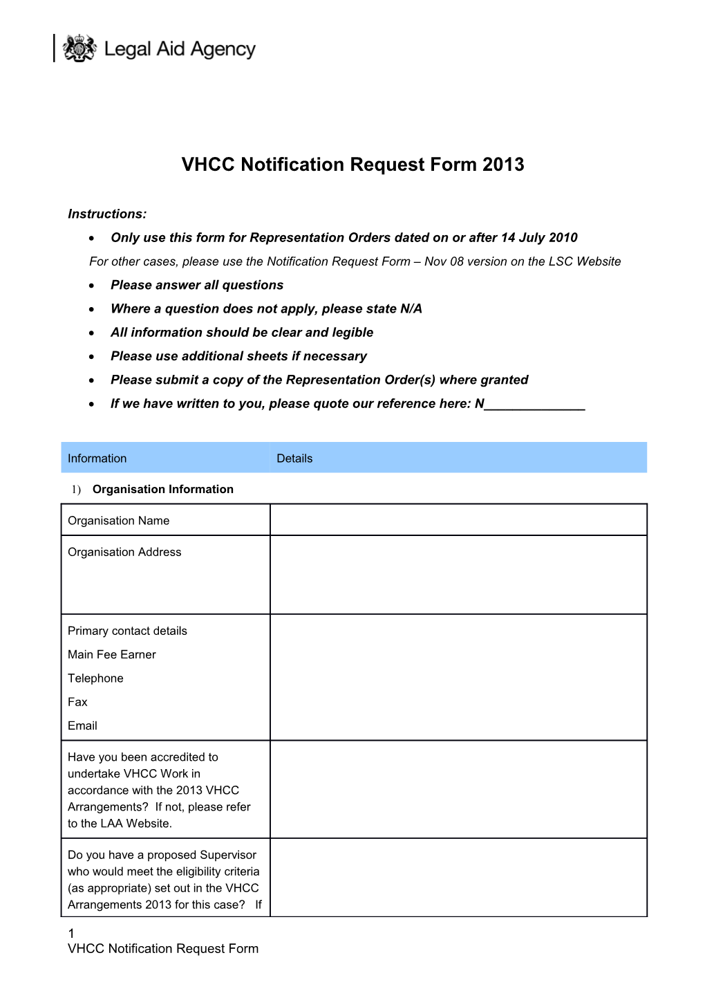 VHCC Notification Request Form 2013