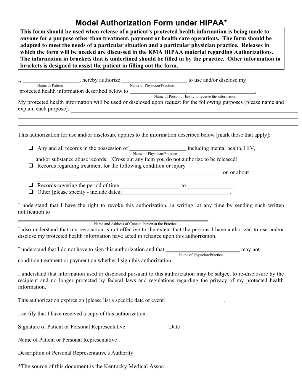 Model Authorization Form Under HIPAA*