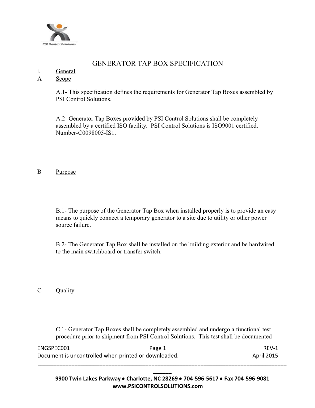 Generator Tap Box Specification