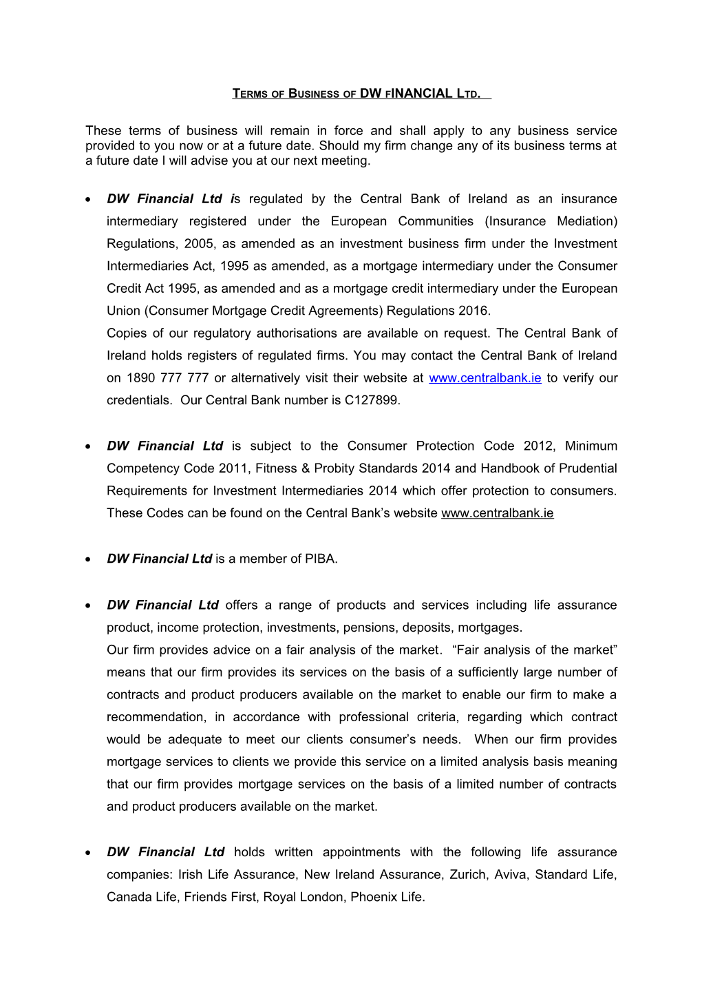 Terms of Business of DW Financial Ltd