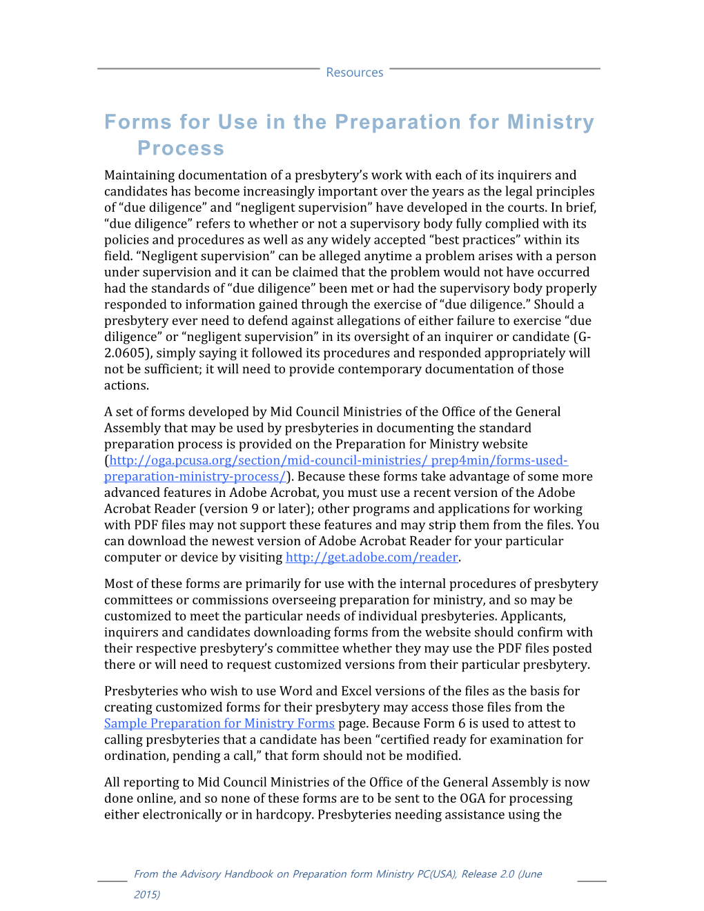 Forms for Use in the Preparation for Ministry Process