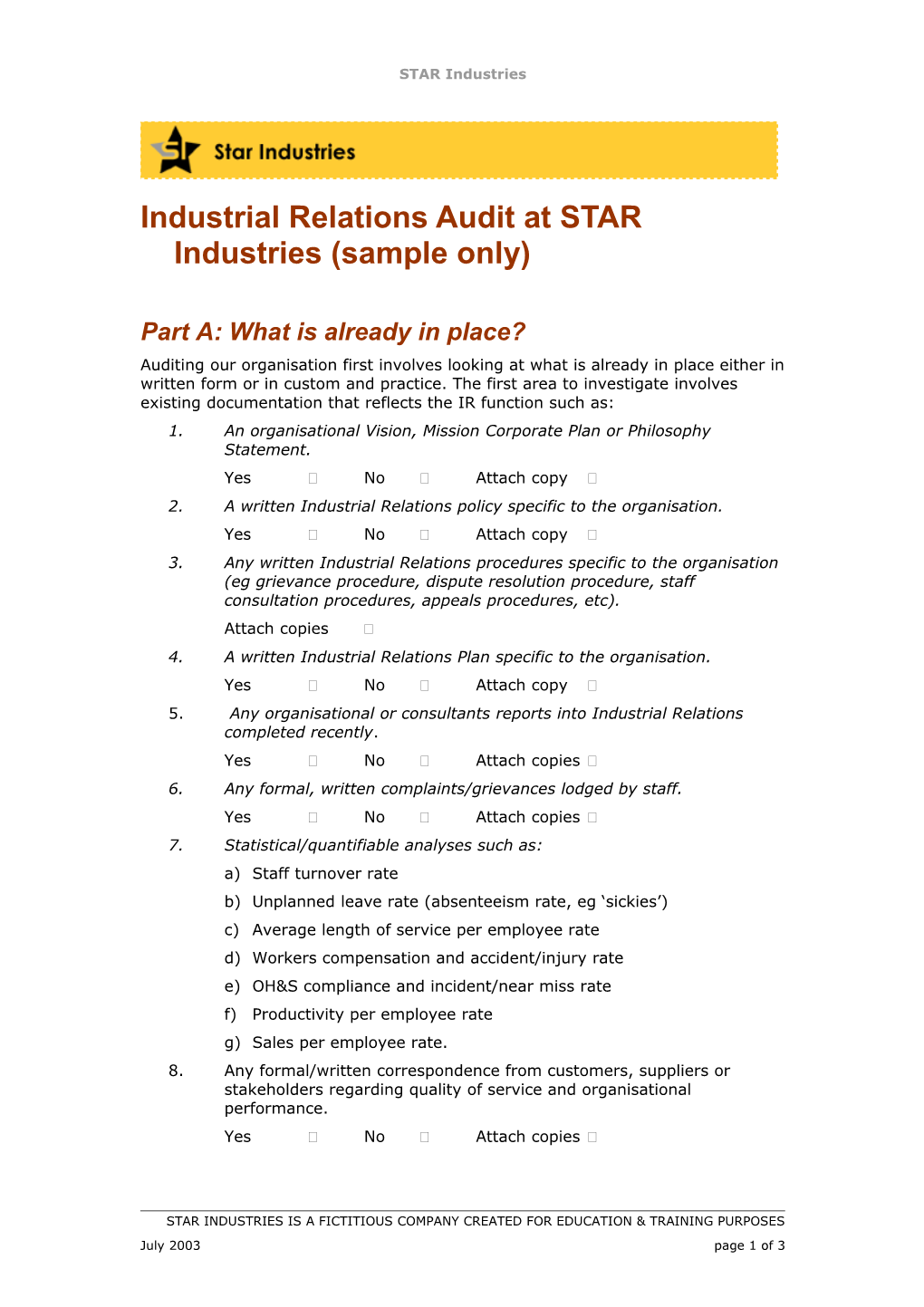 Industrial Relations Audit at STAR Industries (Sample Only)