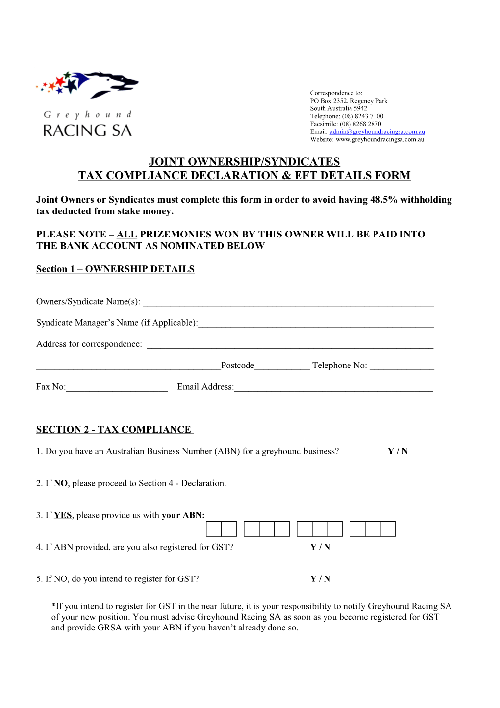 Information Form for Purposes of the New Tax System