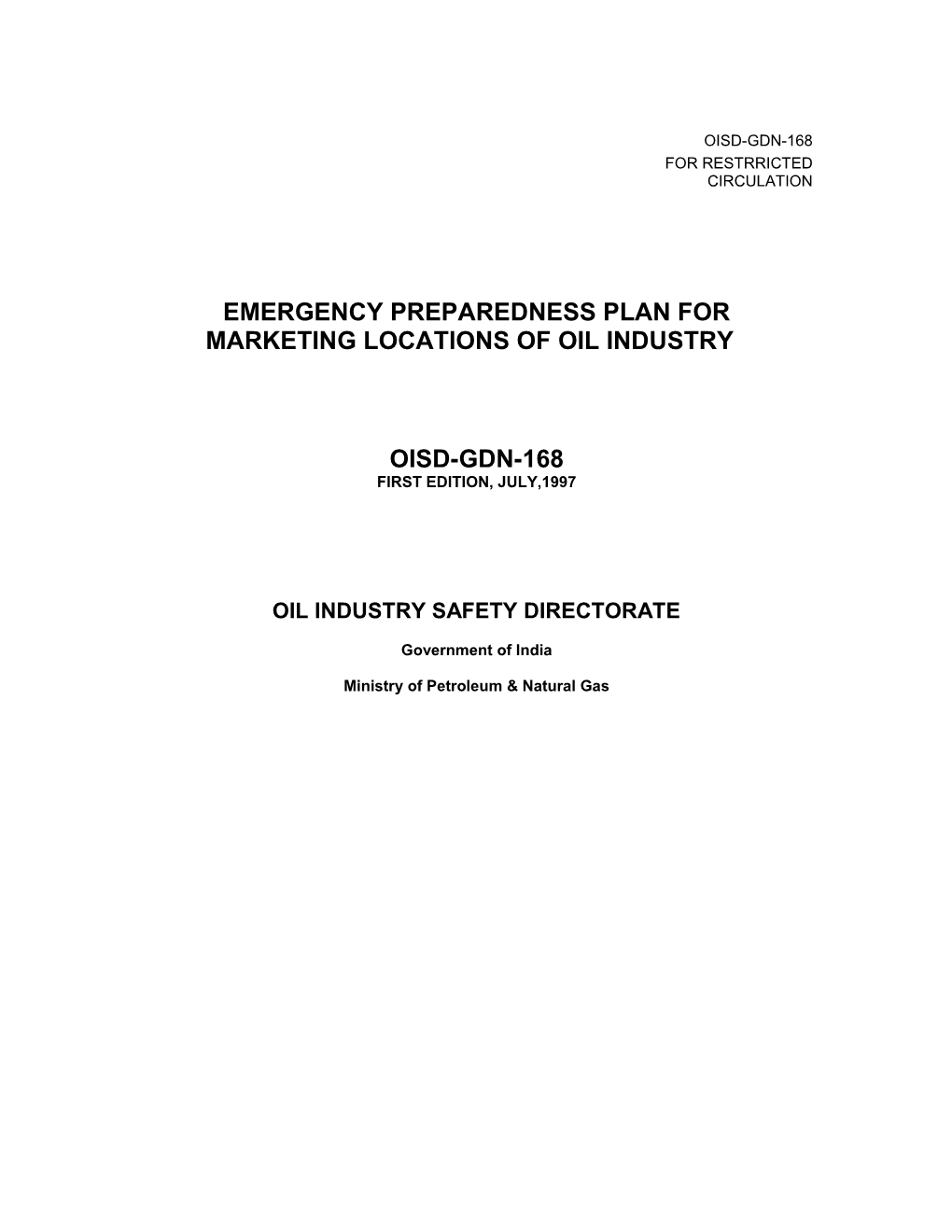 Emergency Preparedness Plan for Marketing Locations of Oil Industry