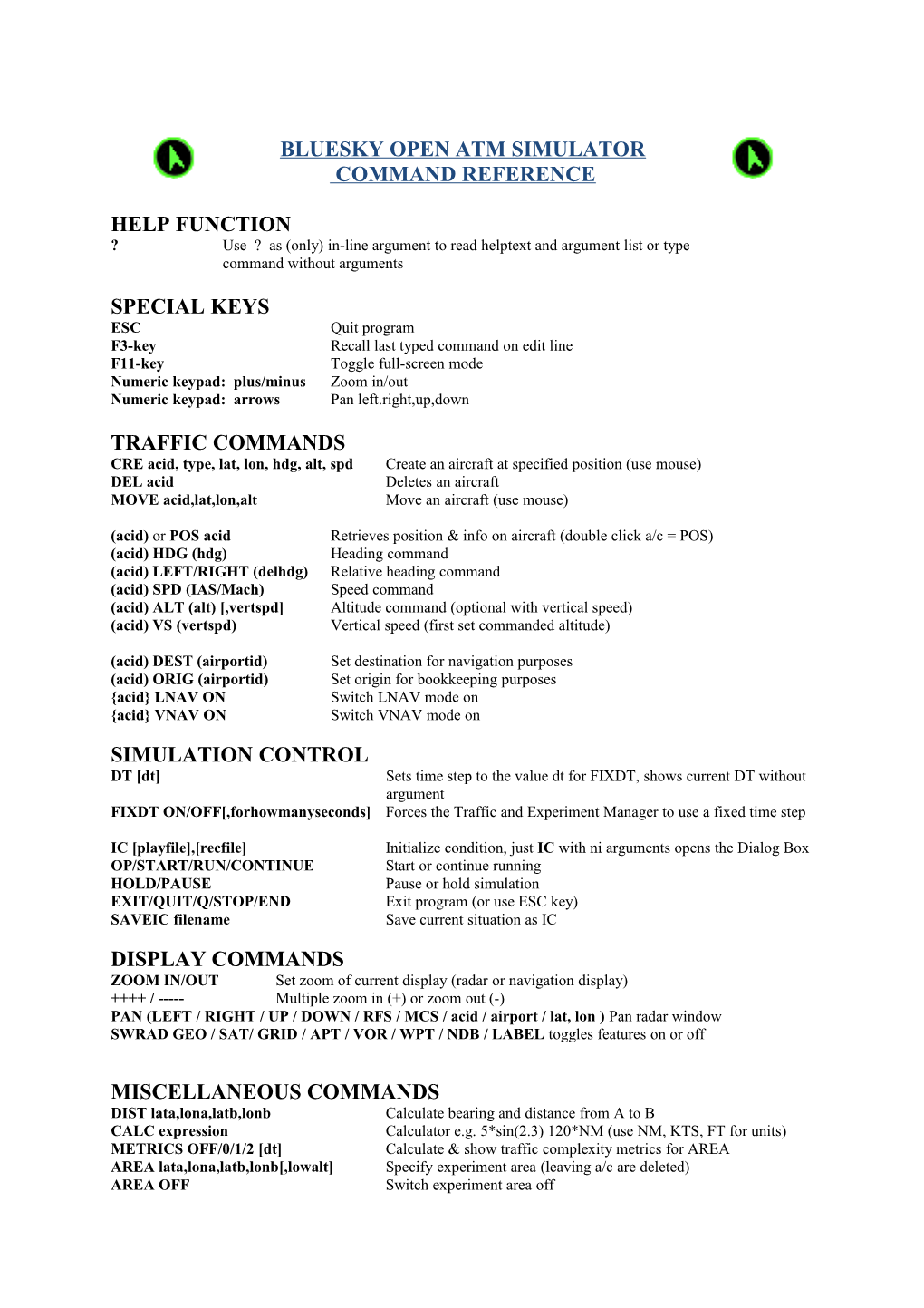 Bluesky Open Atm Simulator Command Reference