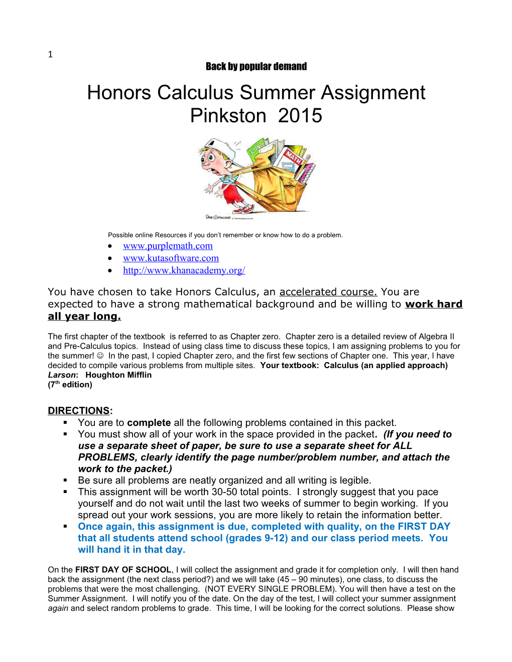 Honors Calculus Summer Assignment