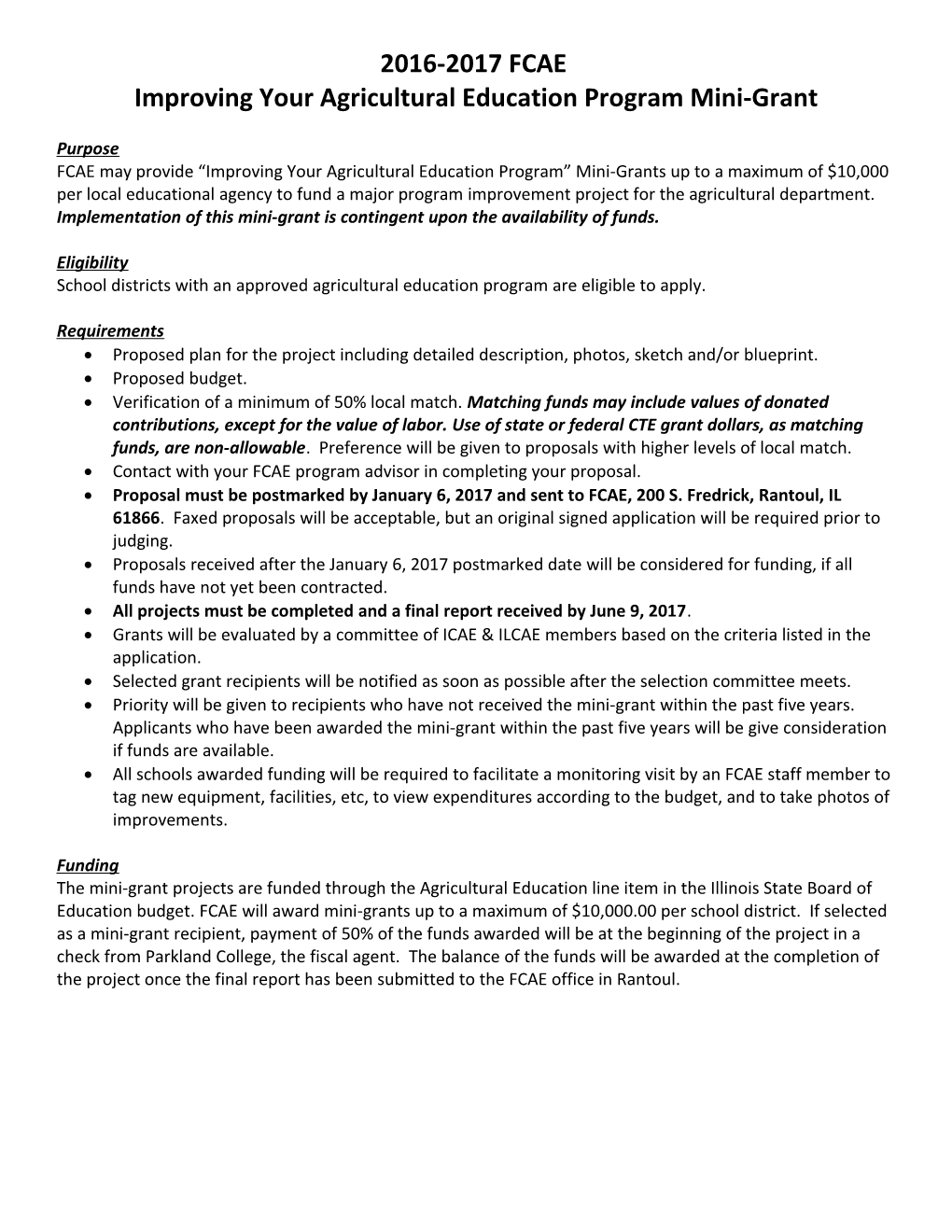 FCAE Agricultural Education Program Improvement Grant Requirements