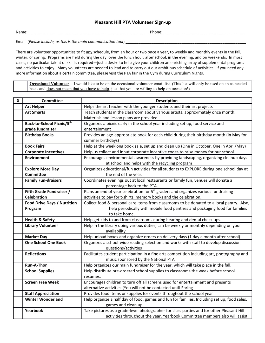 Pleasant Hill PTA Volunteer Sign-Up