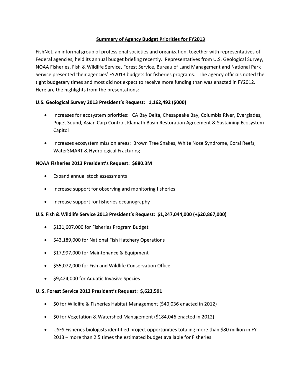 Summary of Agency Budget Priorities for FY2013