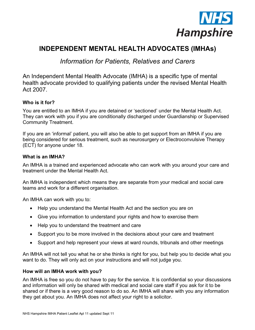 INDEPENDENT MENTAL HEALTH ADVOCATES (Imhas)