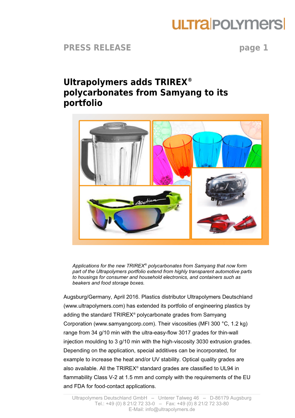 Ultrapolymers Adds TRIREX Polycarbonates from Samyangto Its Portfolio