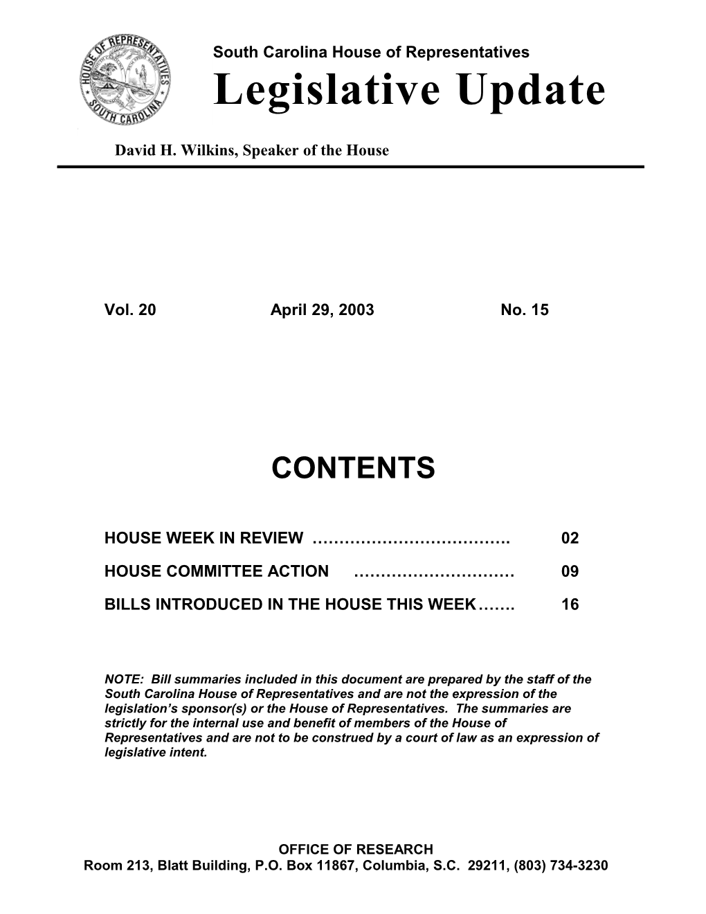 Legislative Update - Vol. 20 No. 15 April 29, 2003 - South Carolina Legislature Online