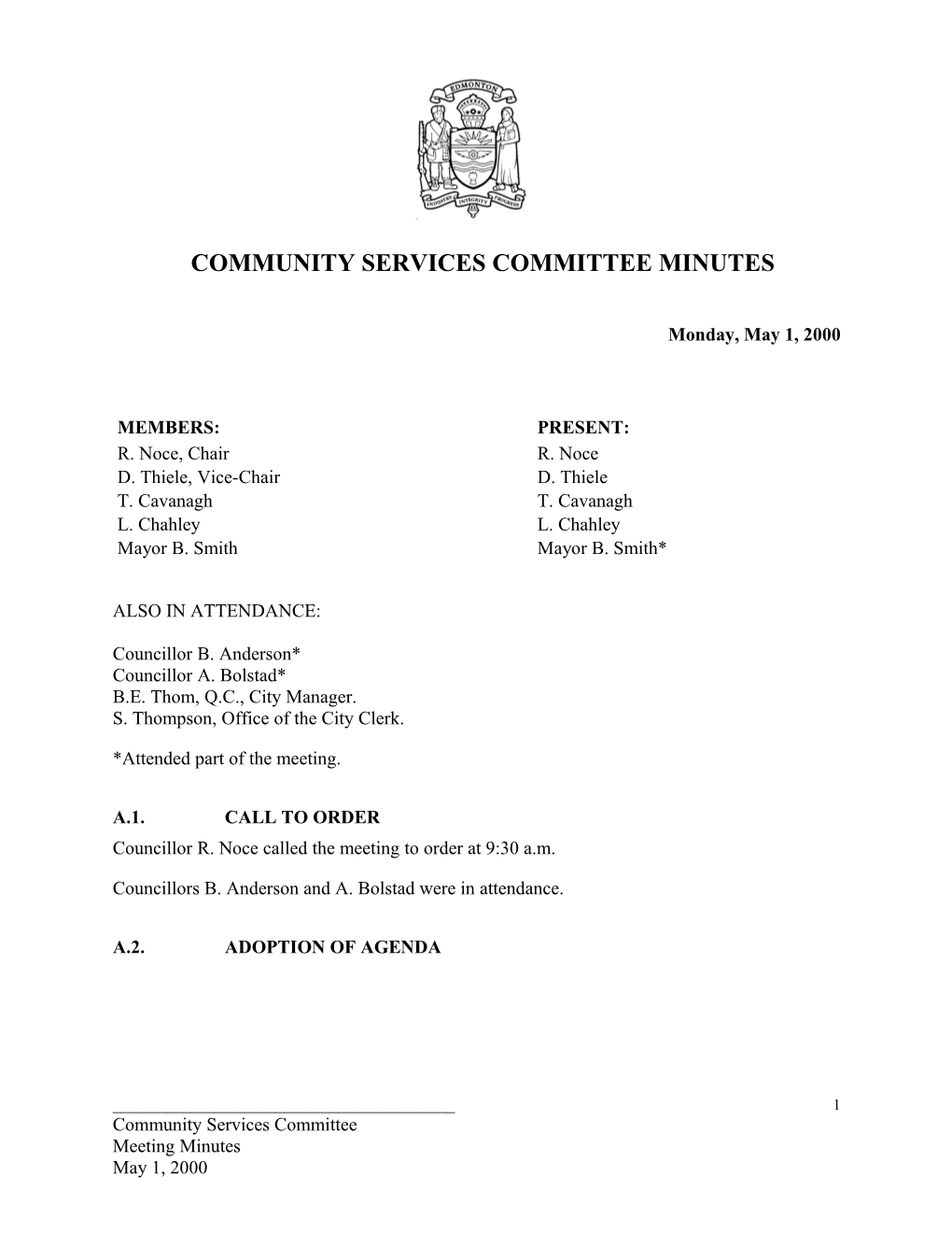Minutes for Community Services Committee May 1, 2000 Meeting