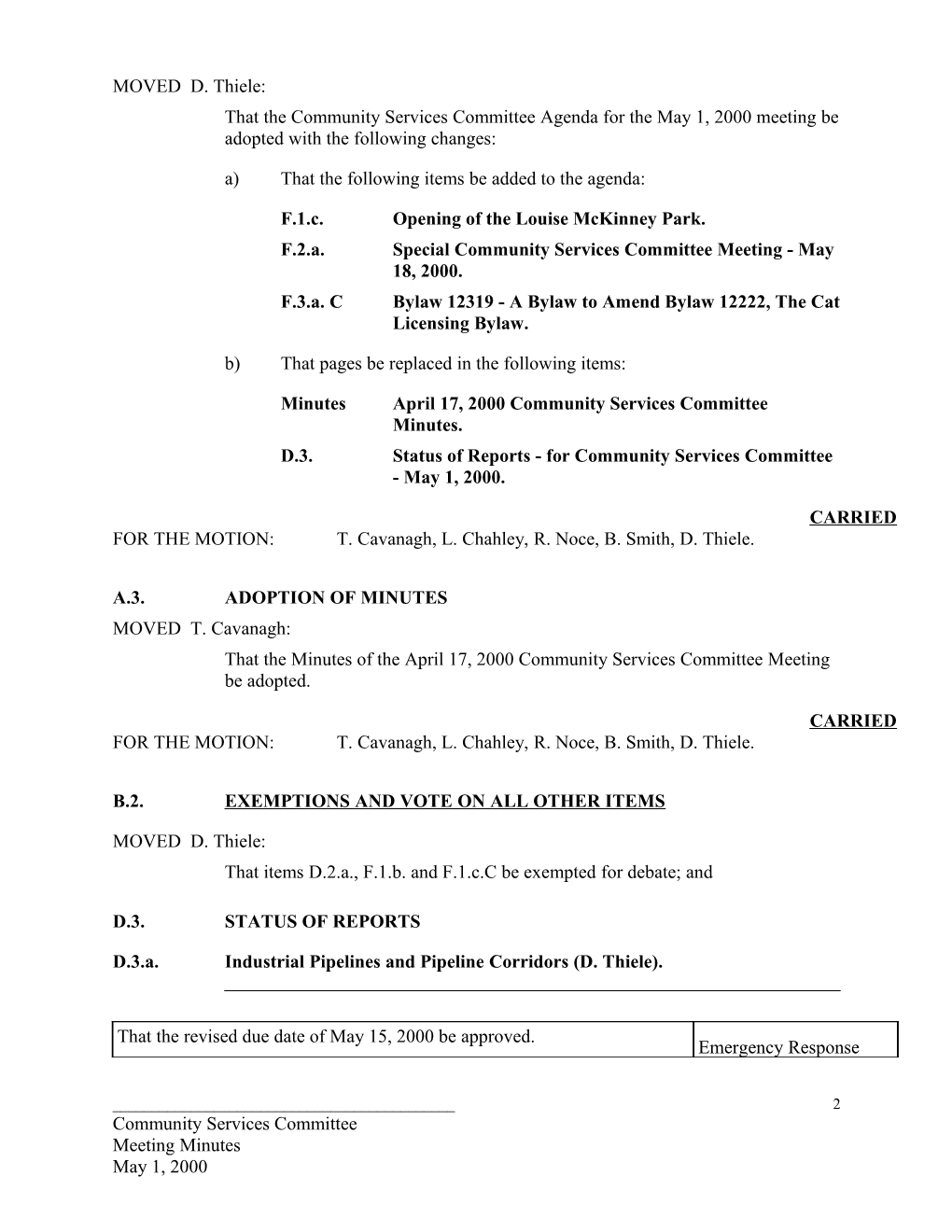 Minutes for Community Services Committee May 1, 2000 Meeting