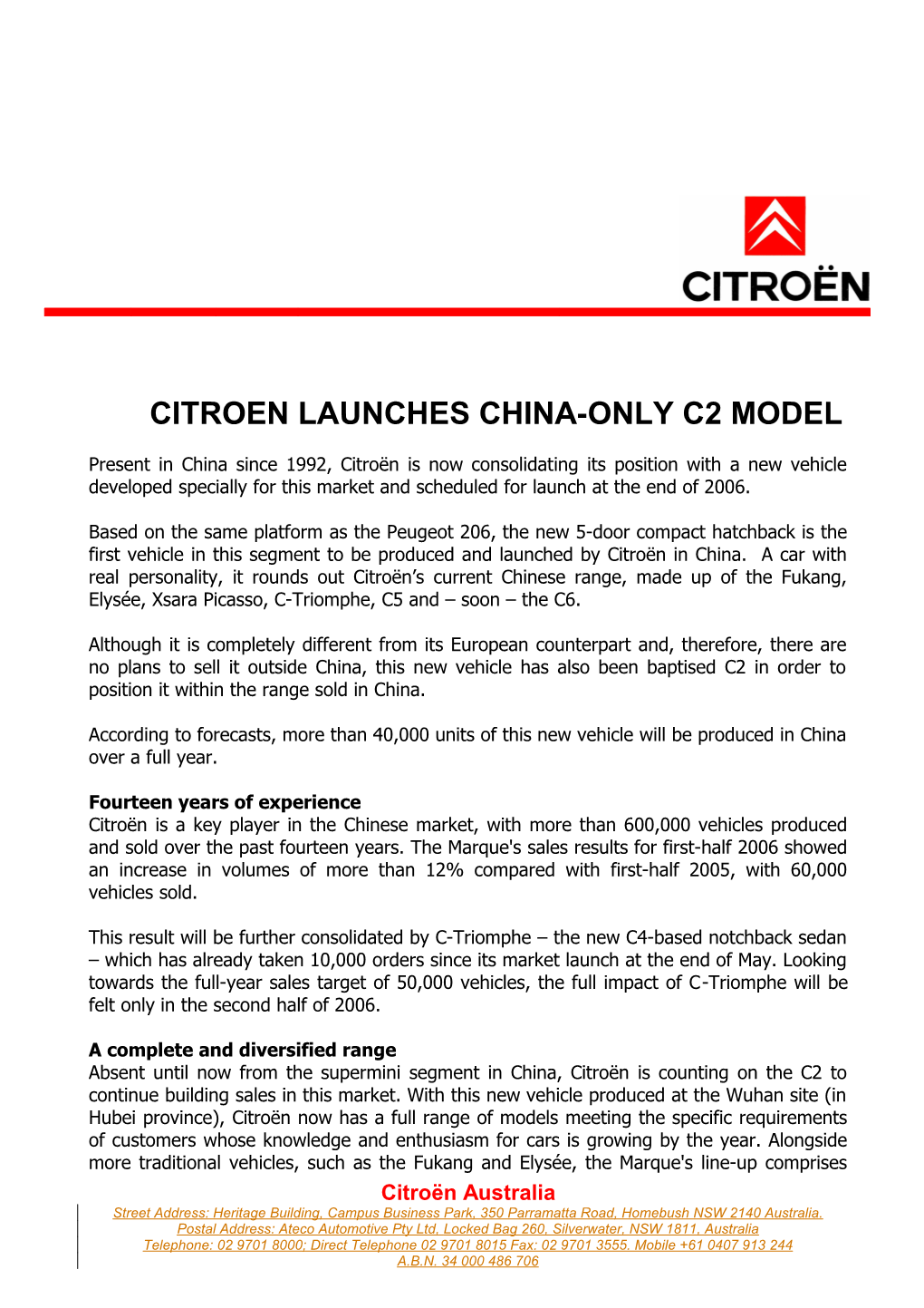 Citroen Launches China-Only C2 Model