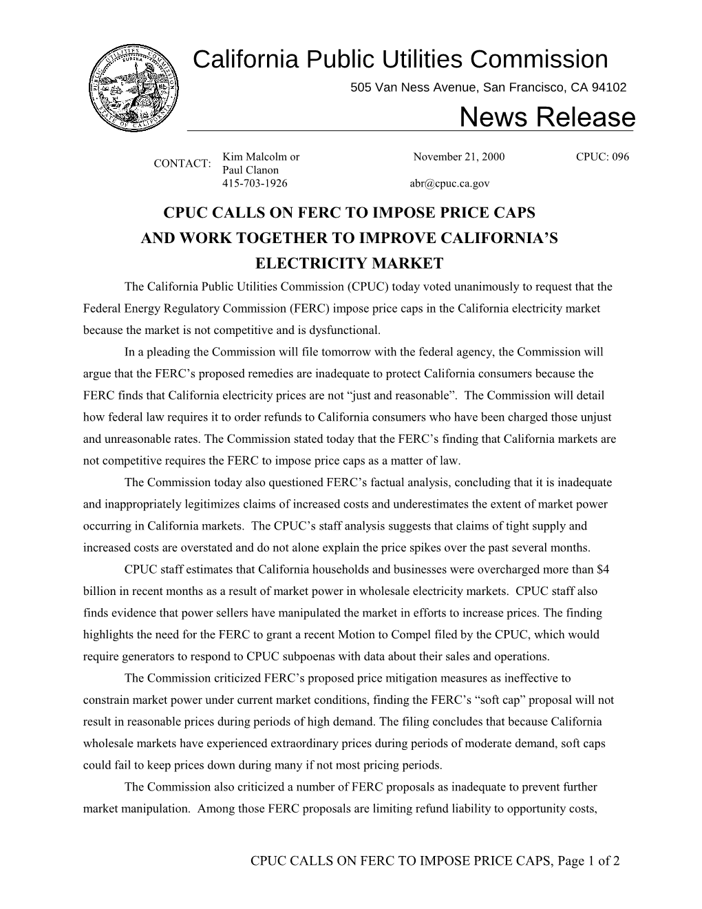 Cpuc Calls on Ferc to Impose Price Caps