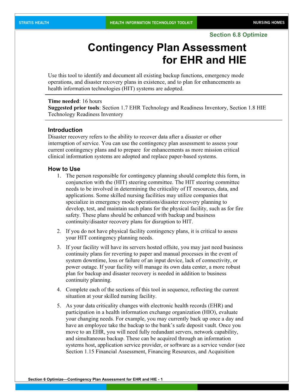 6 Contingency Plan Assessment for EHR and HIE