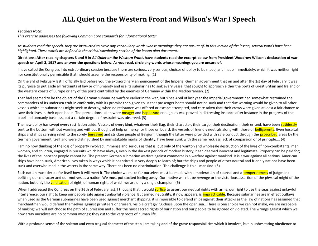 ALL Quiet on the Western Front and Wilson S War I Speech