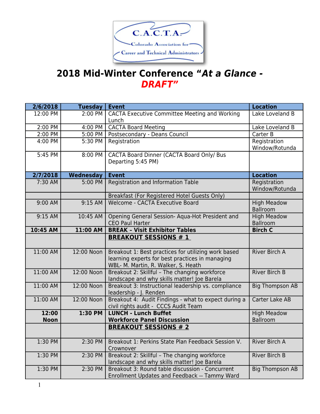 2018 Mid-Winter Conference at a Glance - DRAFT