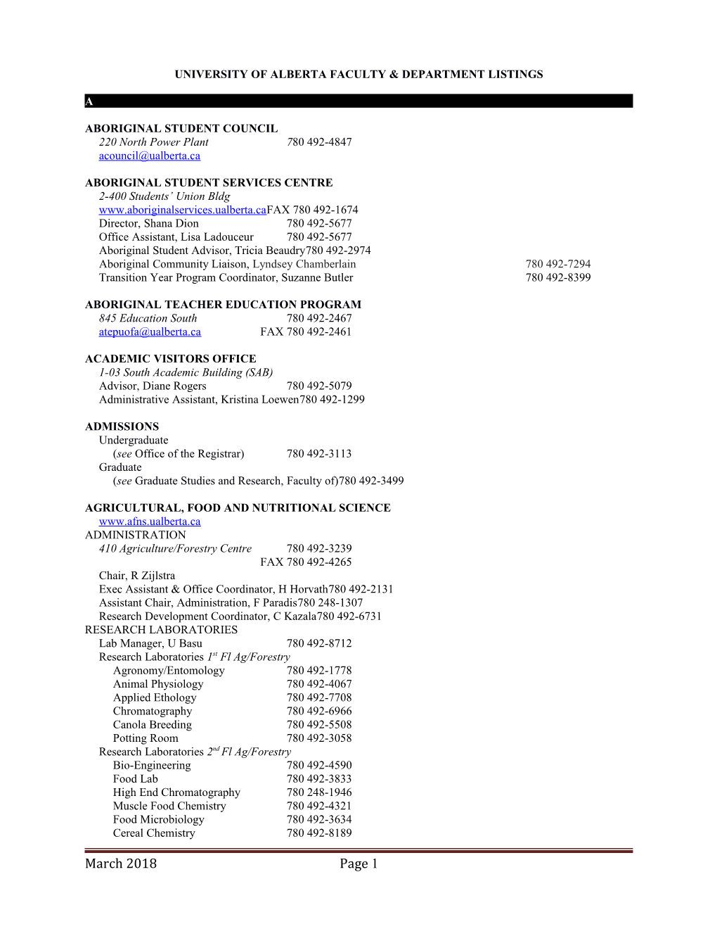 University of Alberta Faculty & Department Listings