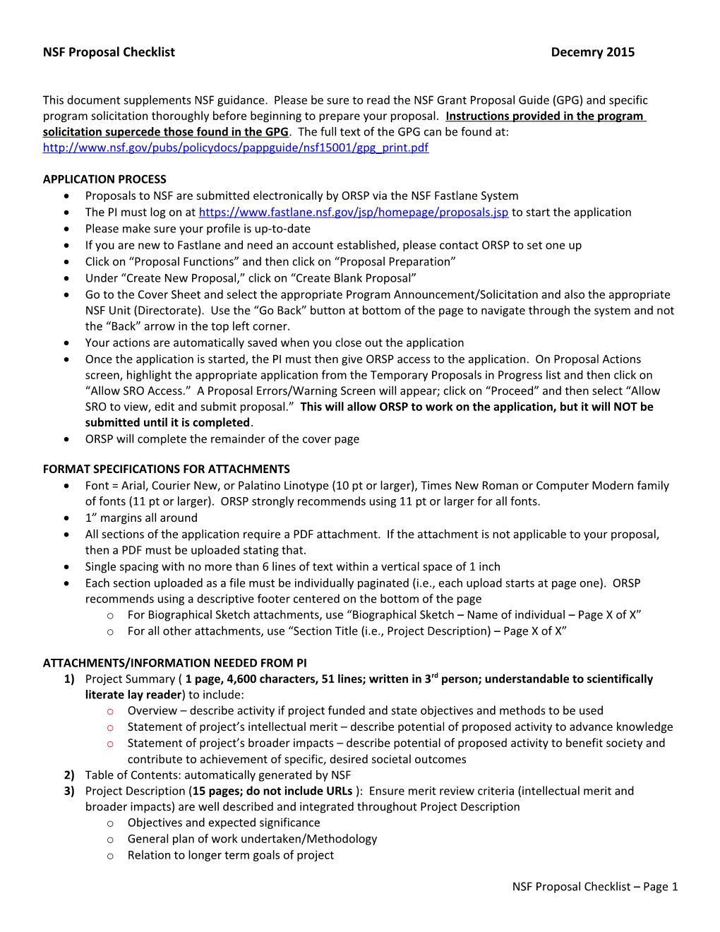 NSF Proposal Checklist Marchdecember 2014January 2015 January 2013