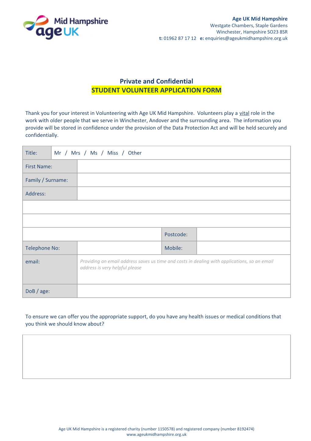 Student Volunteer Application Form