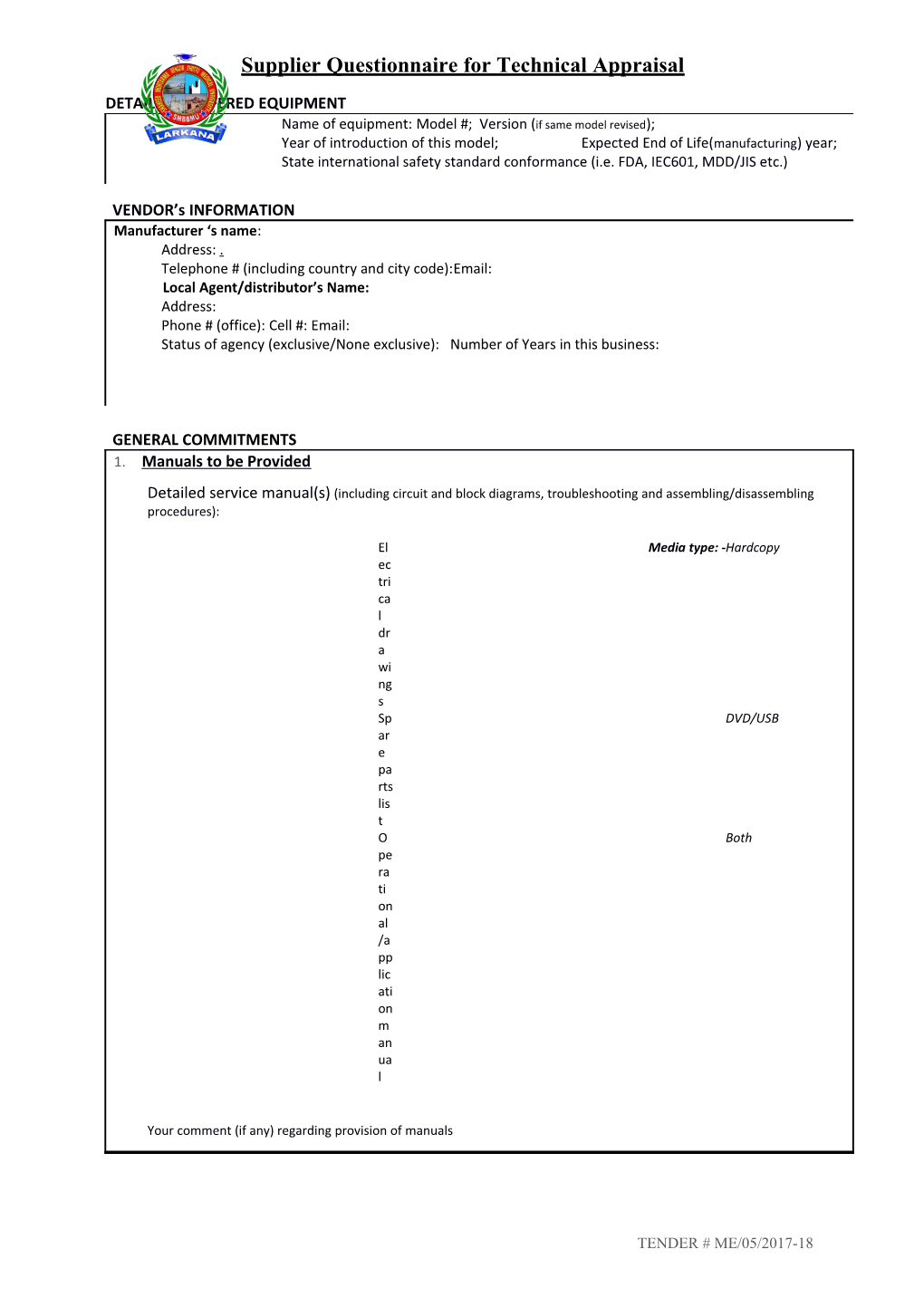 Supplier Questionnaire for Technical Appraisal