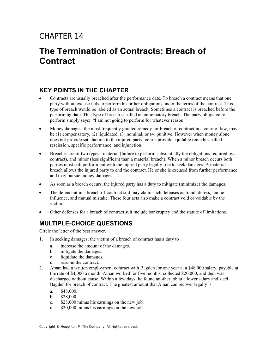 Chapter 14: the Termination of Contracts: Breach of Contract 1