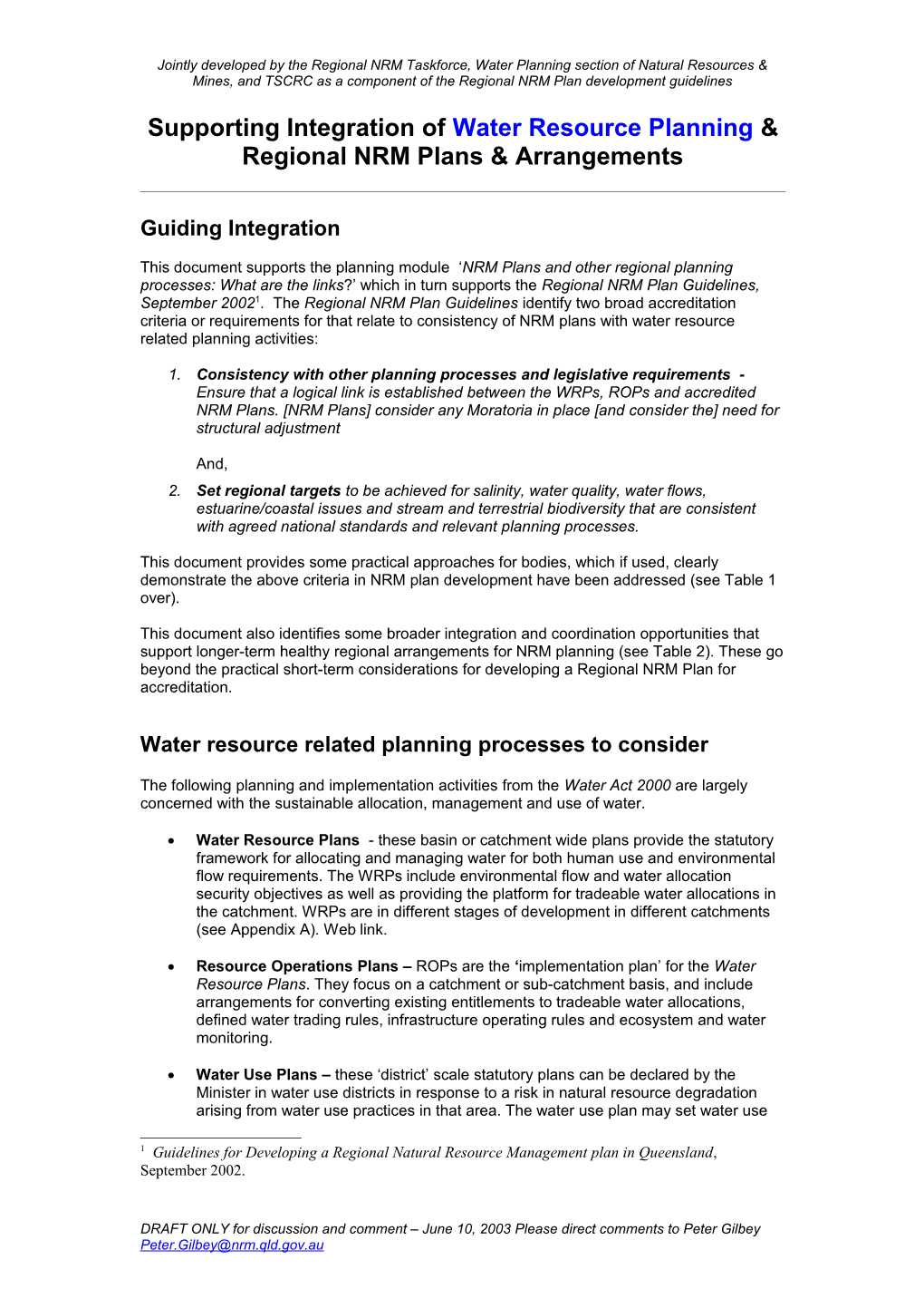 Integrating Planning Requirements of the Water Act 2000 Into Regional Natural Resource