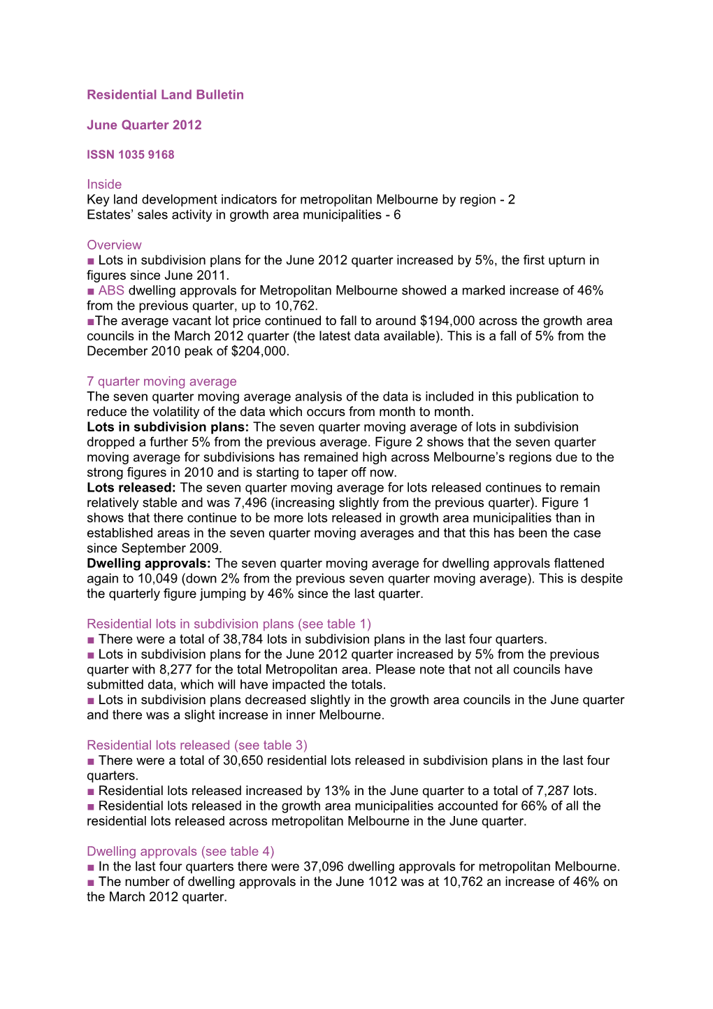 Residential Land Bulletin