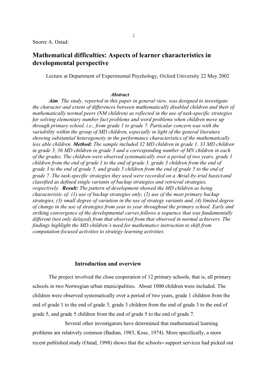 Mathematical Difficulties: Aspects of Learner Characteristics in Developmental Perspective