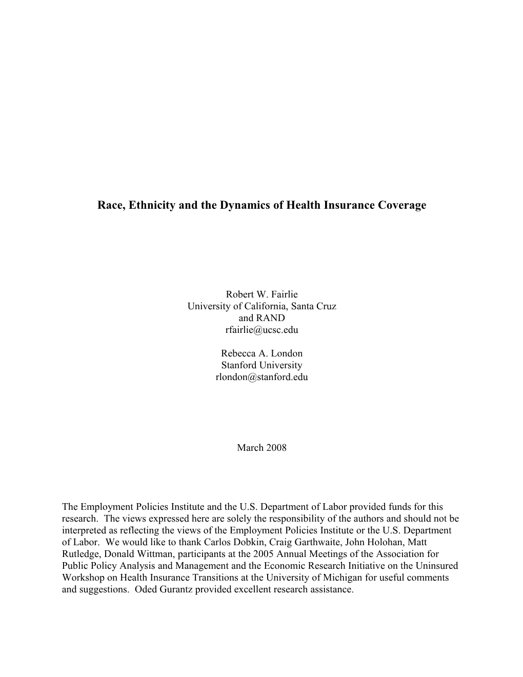 An Analysis of the Dynamics of Health Insurance Coverage
